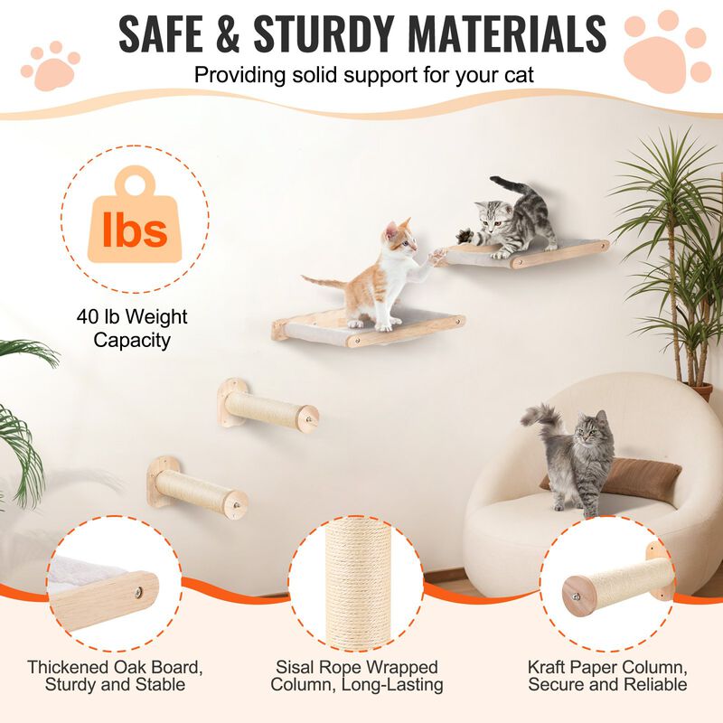 Wall Mounted Cat Shelves with 2 Jumping Posts & 2 Hammocks up to 40 lbs