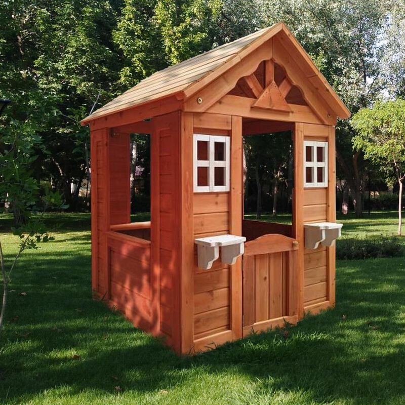 All Wooden Kids Playhouse With 2 Windows And Flower Pot Holder