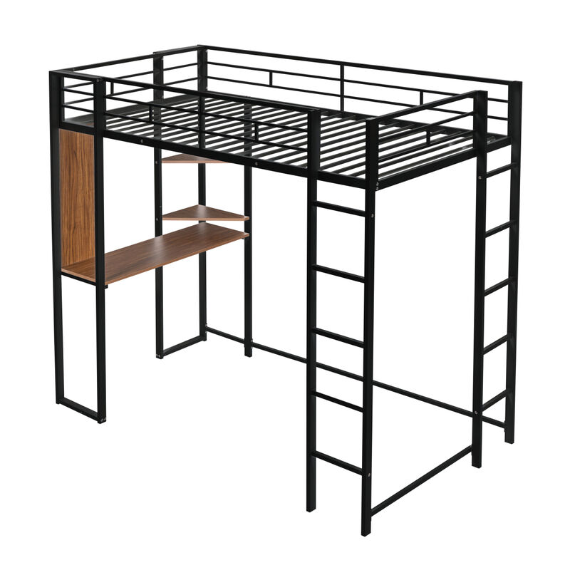 Twin Metal Loft Bed with 2 Shelves and one Desk, BLACK(Old SKU: MF281206AAB)