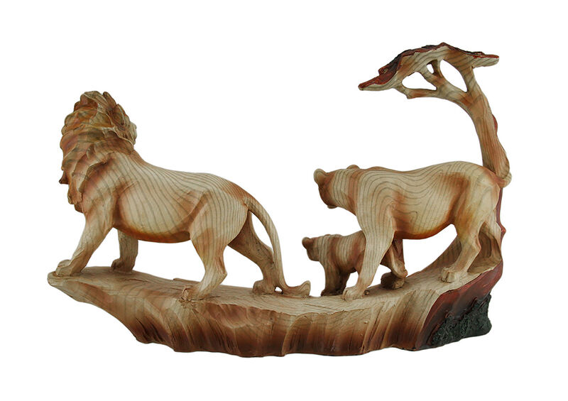 African Lion Family Carved Wood Look Resin Statue image number 2
