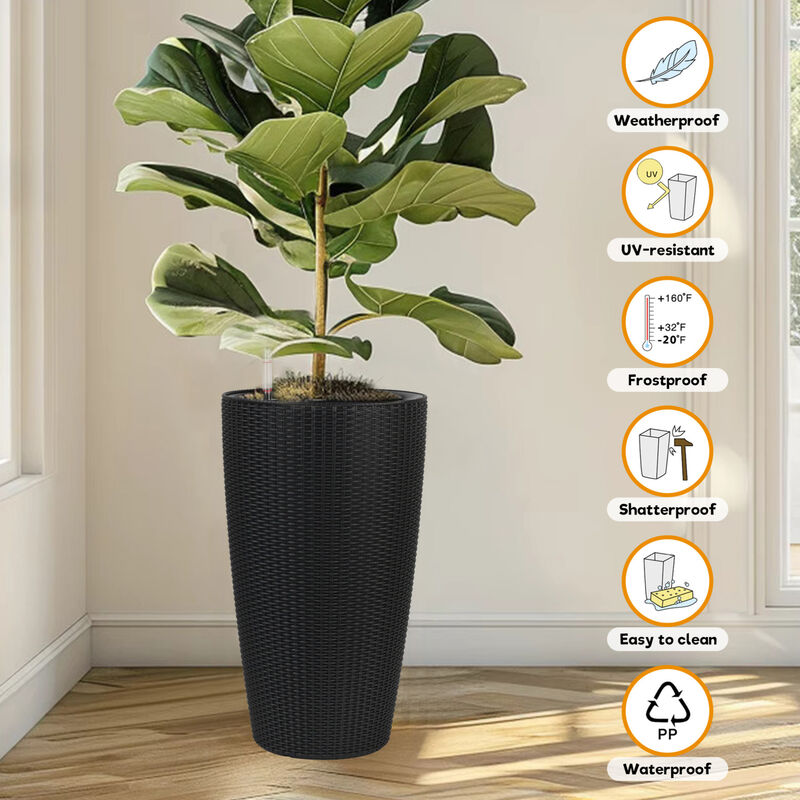 WOW PIONEER Set of 2 Large Faux Rattan Tall Planters for Indoor Outdoor Use with Automatic Watering System Water Level Monitor Inner Bucket for Garden Patio Porch Backyard image number 6