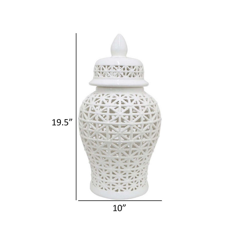 Paul 20 Inch Pierced Temple Jar with Lid, Intricate Pattern Ceramic, White - Benzara