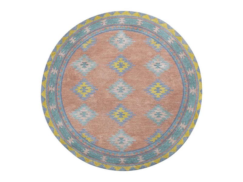 Ariel Peach and Blue Multi-Colour Diamond Tribal Round Rug image number 1