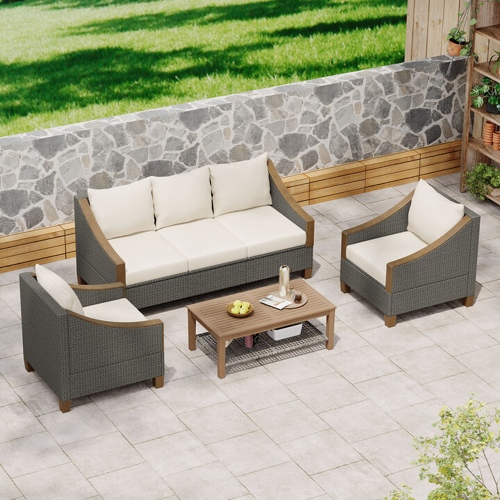 Merax Rattan Outdoor Conversation Sofa Chair Table Set