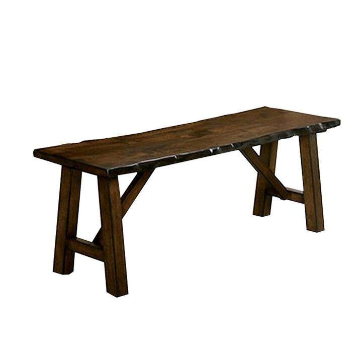 Naef 54 Inch Wood Dining Bench, Walnut Brown, Live Edges, Angled Legs  - Benzara