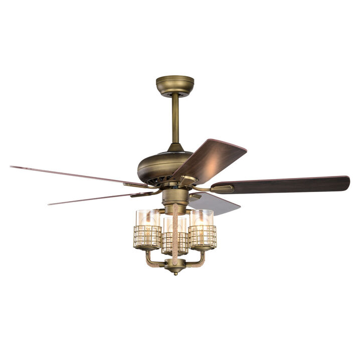 52 inch Bronze Metal 3 Lights Ceiling Fan with 5 Wood Blades, Two-color fan blade, AC Motor, Remote Control, Reversible Airflow, Multi-Speed, Adjustable Height, Traditional Ceiling Fan