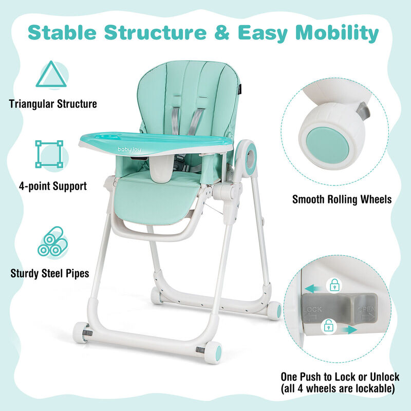 Baby High Chair Foldable Feeding Chair with 4 Lockable Wheels