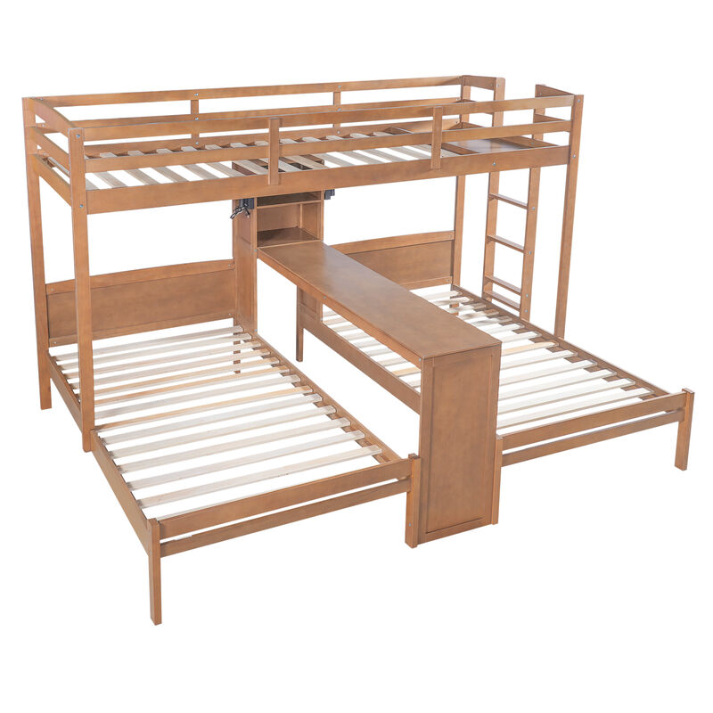 Merax Twin over Twin&Twin Bunk Bed with Built-in Desk and Storage Shelves image number 0