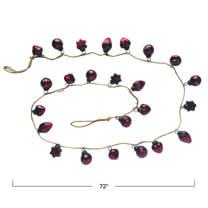 Red Mercury Glass Ornament Garland with Jute Cord