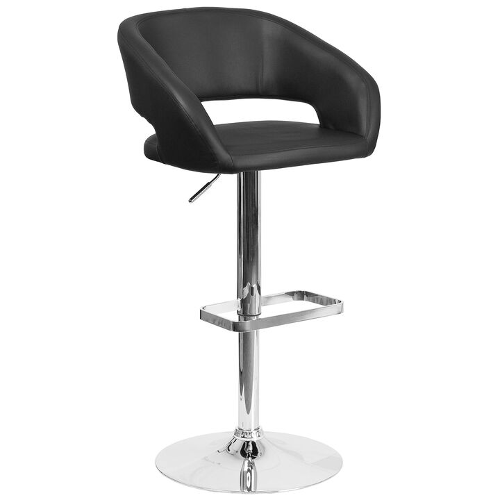 Flash Furniture Erik Comfortable & Stylish Contemporary Barstool with Rounded Mid-Back and Foot Rest, Adjustable Height - Black Vinyl with Chrome Base