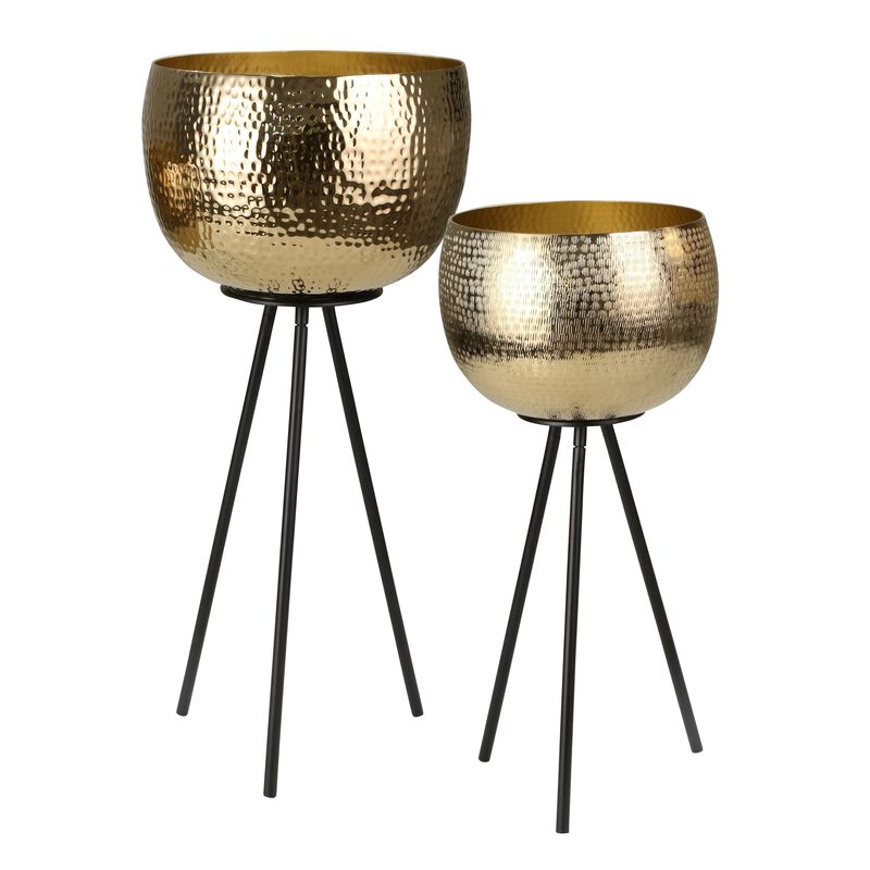 Hammered Textured Metal Bowl Planters on Tripod Base, Set of 2, Gold and Black-Benzara image number 1