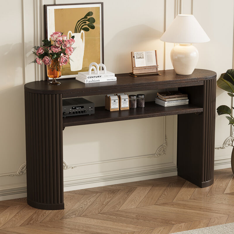 Merax Farmhouse Oval Ash Veneer Console Table with Fluted Legs & Open Lower Storage Shelf image number 6