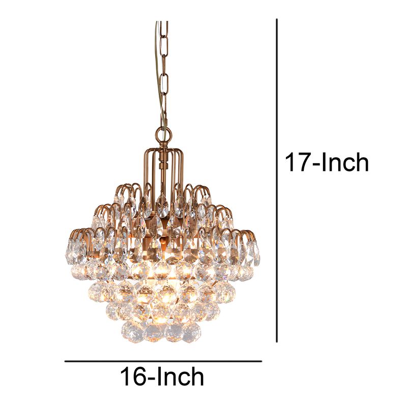 Faceted Crystal Accented 3 Light Chandelier with Metal Chain, Brass-Benzara