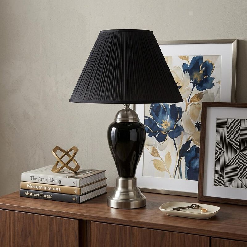 HomeRoots 27" Black and Silver Ceramic Urn Table Lamp With Black Empire Shade image number 1