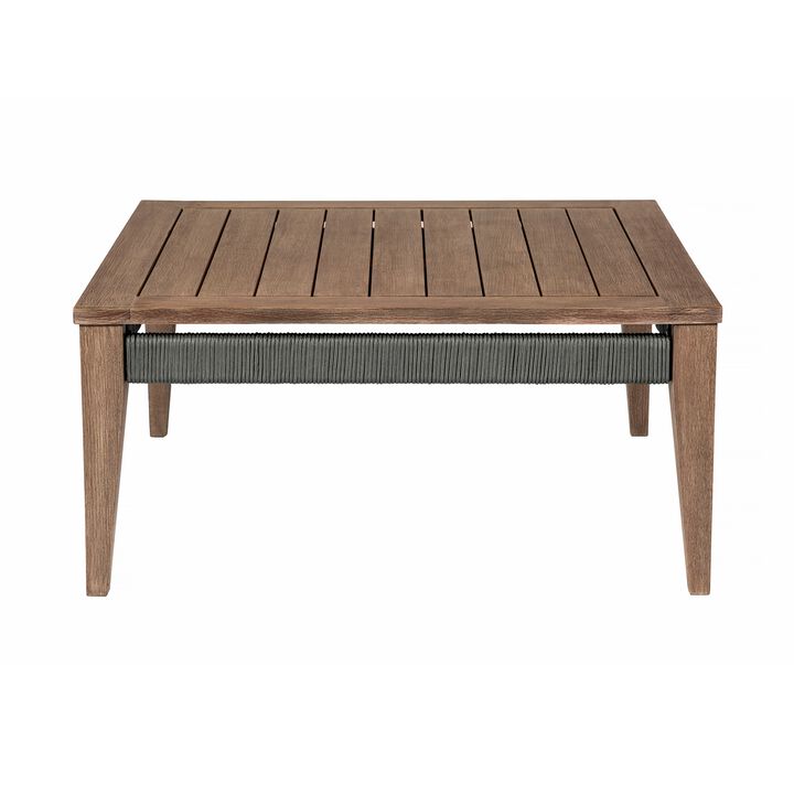 Kimi 36 Inch Outdoor Coffee Table, Brown Eucalyptus Wood, Woven Rope Apron - Benzara