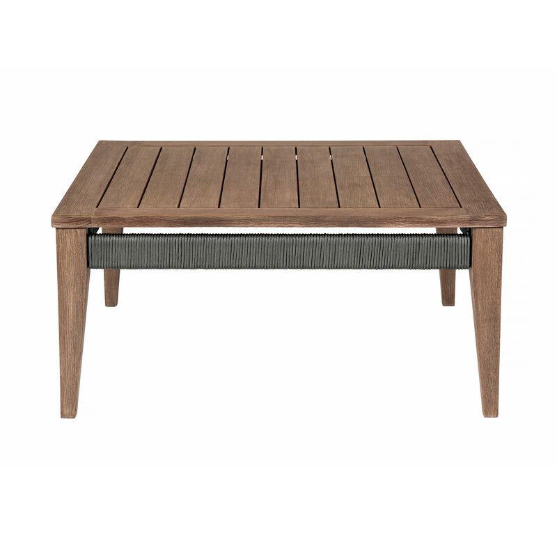 Kimi 36 Inch Outdoor Coffee Table, Brown Eucalyptus Wood, Woven Rope Apron - Benzara