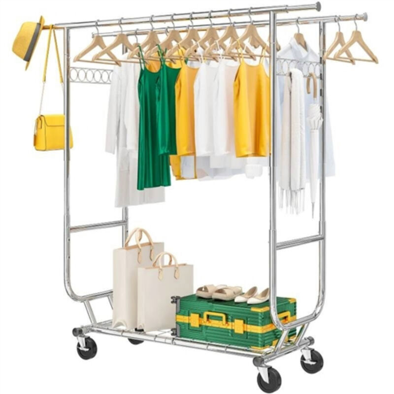 Heavy Duty Double Bar Clothes Garment Rack on Wheels with 600 lbs Capacity