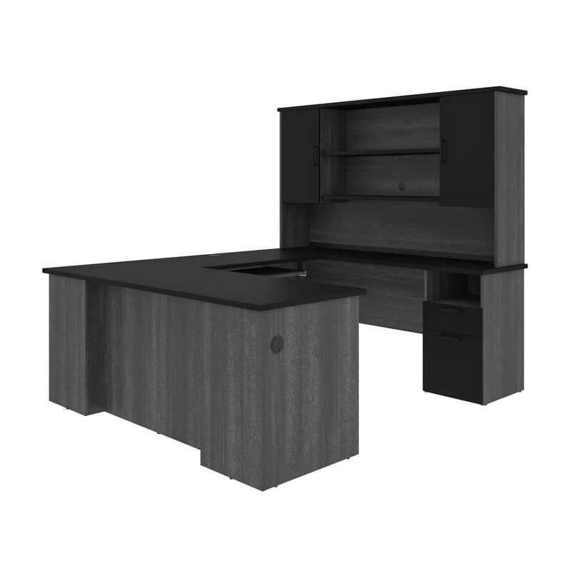 Bestar Norma Norma U-shaped workstation with hutch - Black & Bark Gray