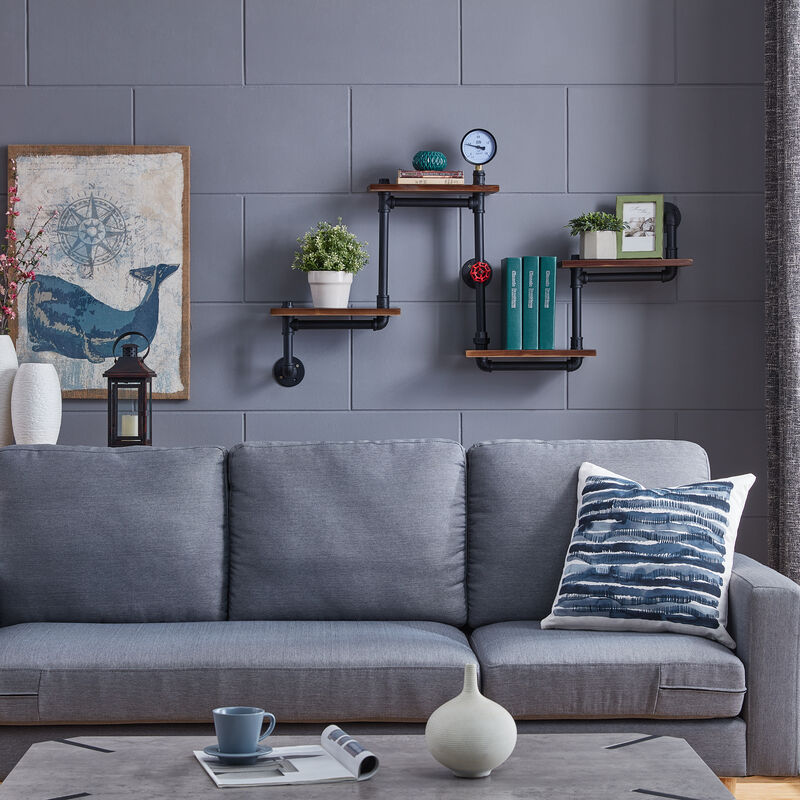 4-Tier Floating Corner Or Flat Wall Shelf Staggered Floating Industrial Rustic Pipe Shelving Unit � Wall Mount