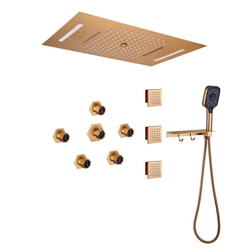 Mondawe Free Combination Handles Flush Ceiling Mounteded Thermostatic 3 Functions 7 Sprays Luxury Shower System with 3 Body Jets and Shower Holder in Brushed Nickel (Rough-in Valve Included)