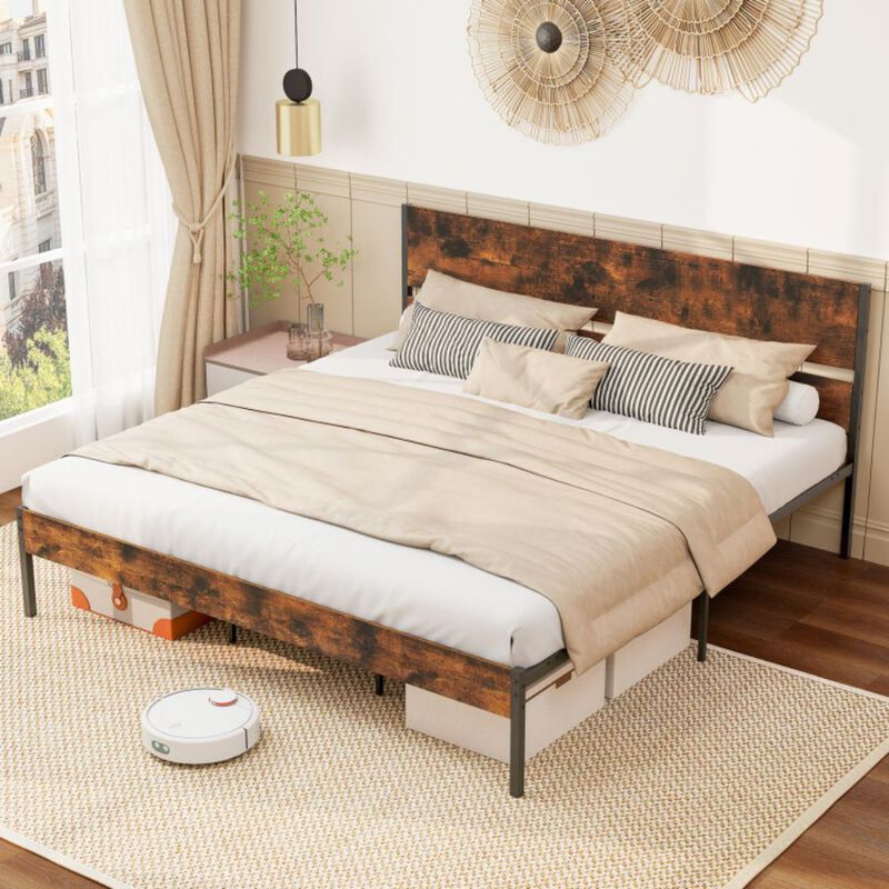 Bed Frame with Wooden Headboard and Footboard for Classic Style and Sturdy Support