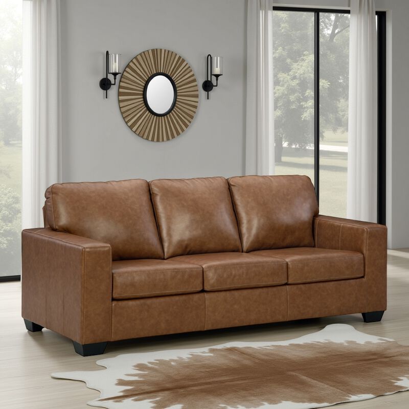 Miller Sofa, Brown Faux and Real Leather, Soft Cushions, 85 Inch