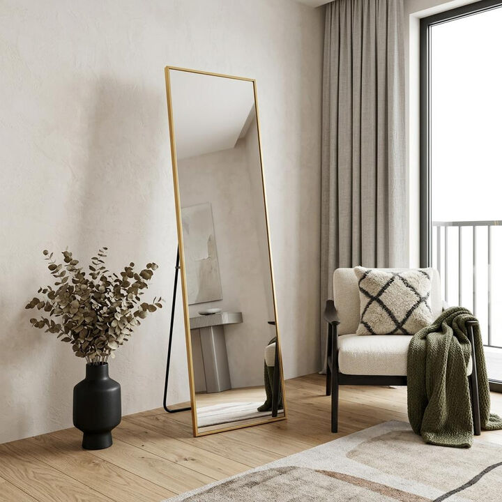 HomeRoots 55" Gold Aluminum Freestanding And Wall Mounted Framed Full Length Mirror