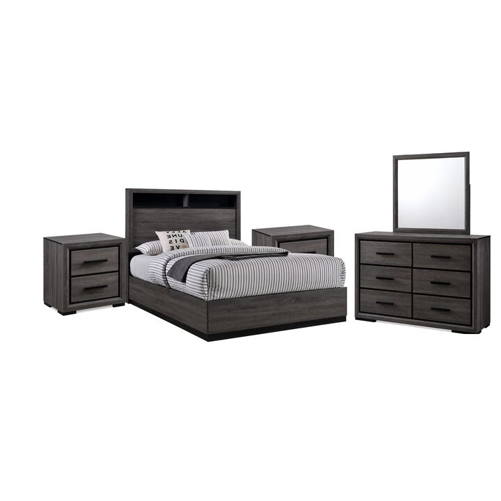 Kalie 5pc Queen Bedroom Set with Bookcase Headboard, 2 Nightstands, Gray