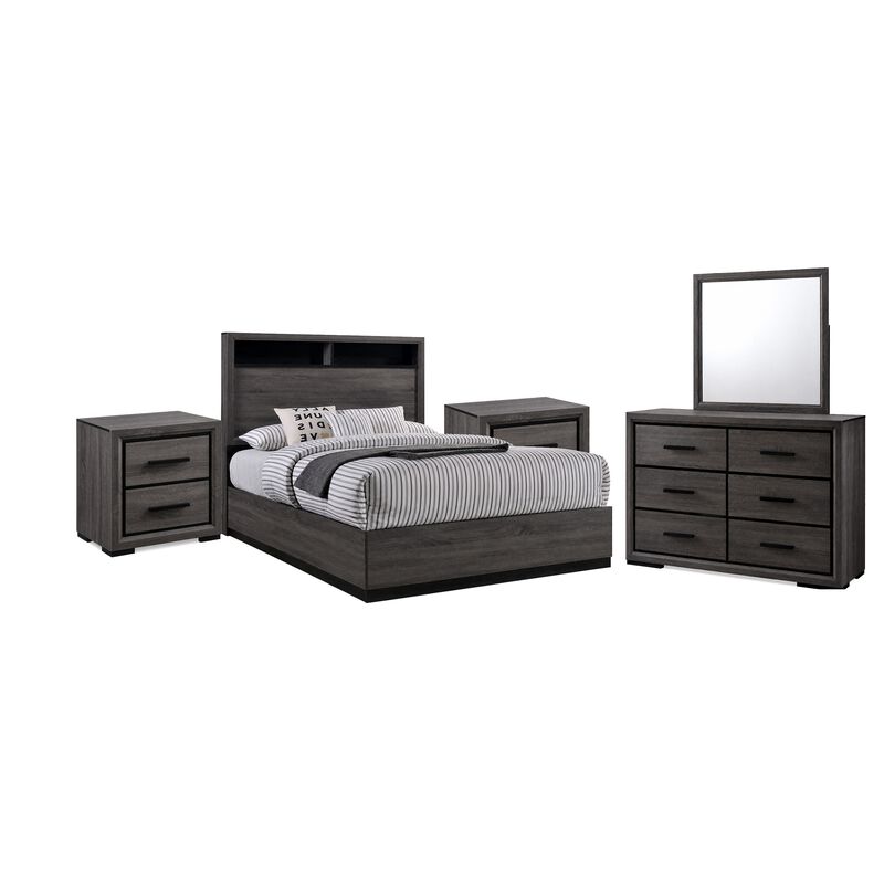 Kalie 5pc Queen Bedroom Set with Bookcase Headboard, 2 Nightstands, Gray image number 0