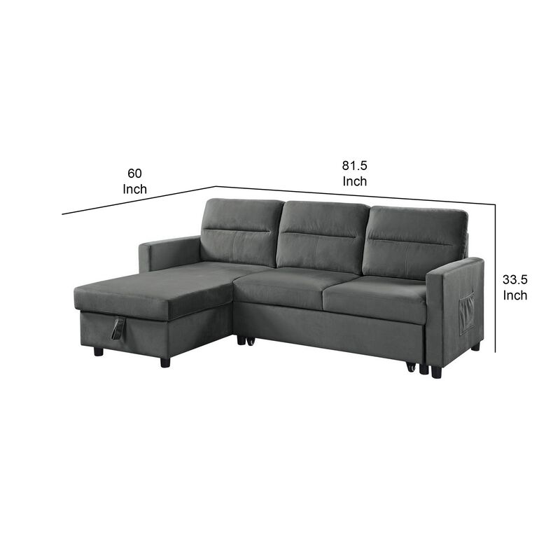 Ami 82 Inch Reversible Sleeper Sectional Sofa, Side Pocket, Gray Velvet-Benzara image number 5