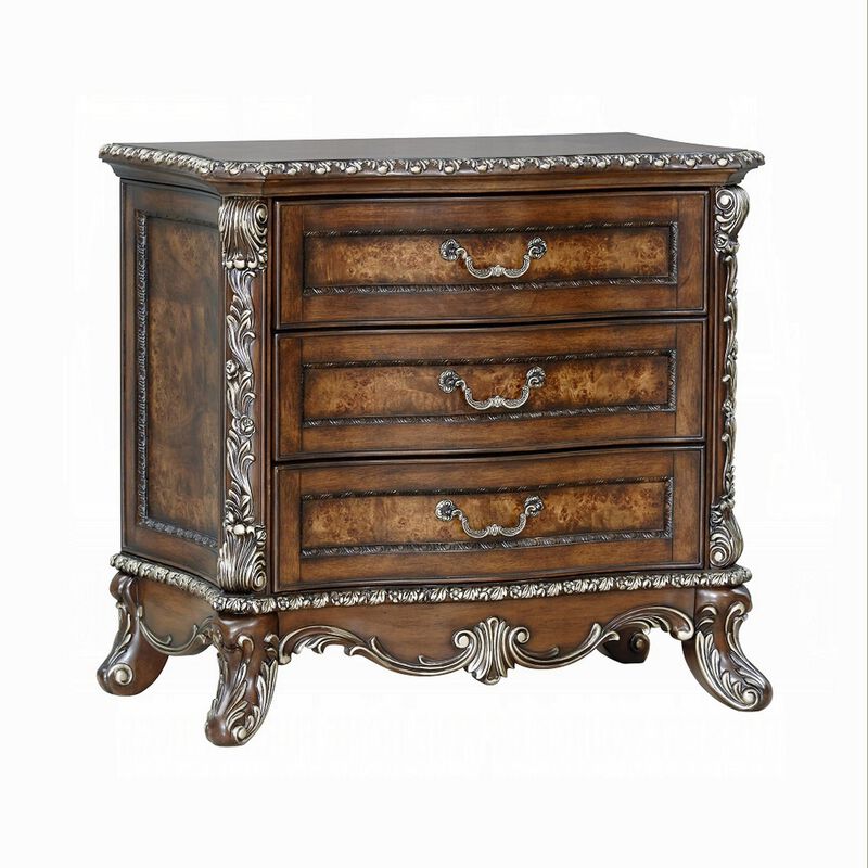Vany Nightstand, Traditional Floral Trim, 3 Drawers, Cherry Brown - Benzara