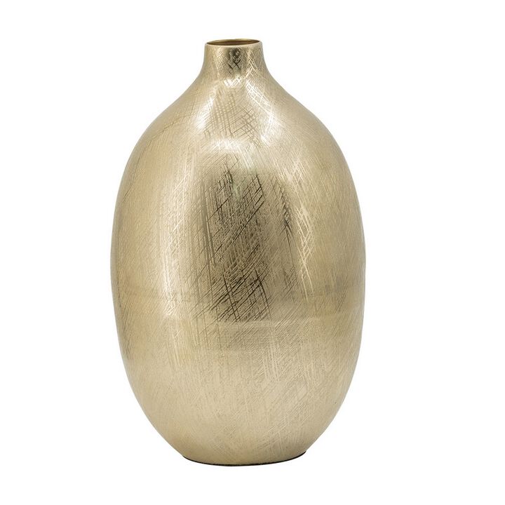 Pansy 14 Inch Modern Vase, Metal, Tall Curved Shape, Bottleneck, Gold  - Benzara