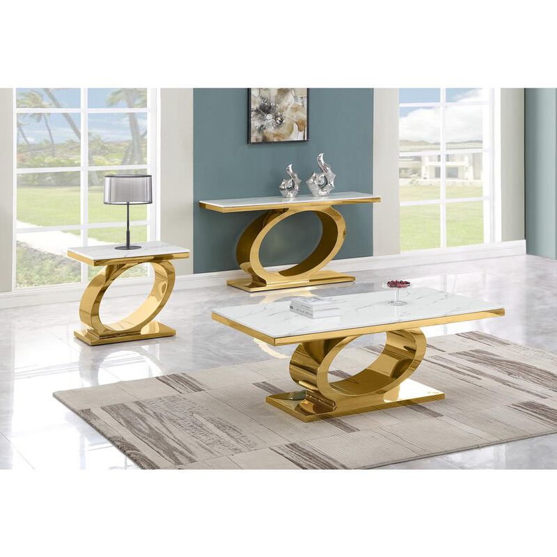 Best Quality Furniture 3pc White marble coffee table set with gold color base