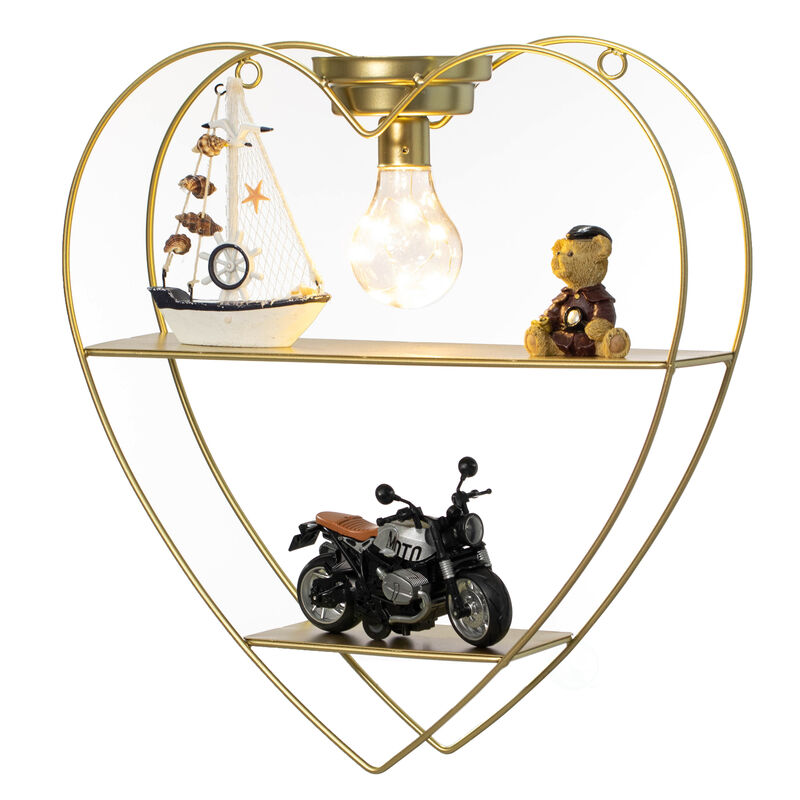 Vintiquewise Heart-Shaped 2-Tier Floating Metal Wall Shelf with Overhead Light Bulb &ndash; Decorative Wall-Mounted Shelf for Bedroom, Living Room, Hallway, Bathroom, or Entryway Decor, Gold Finish