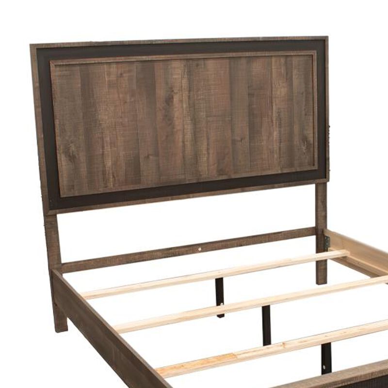 Modern Queen Size Bed w Tall Panel Headboard, Rustic Brown Wood - Benzara