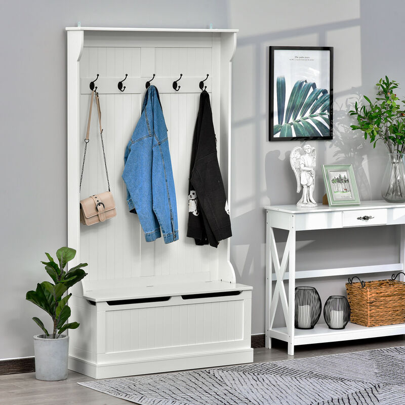 HOMCOM 38" 3-In-1 Entryway Hall Tree with Storage Bench, Coat Rack with Four Hooks and Shoe Storage, White