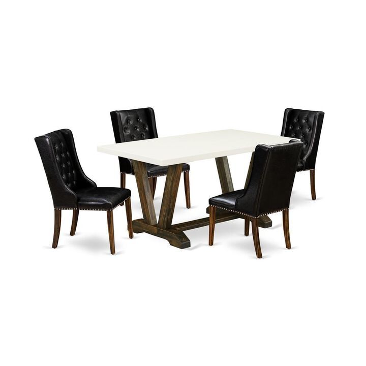 East West Furniture V726FO749-5 5 Piece Dining Room Table Set - 4 Black Pu Leather Mid Century Dining Chairs Button Tufted with Nail heads and Dining Table - Distressed Jacobean Finish