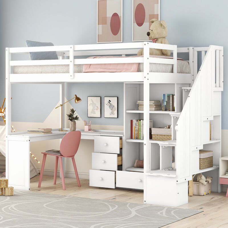 Merax Loft Bed with L-Shaped Desk and Drawers