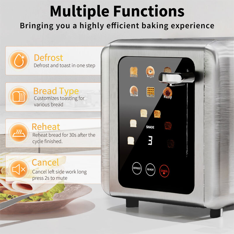 WHALLULTRA Toaster 2 slice, 6 Bread Shade Settings,Stainless Steel Toasters with Bagel,Cancel,Defrost Function,Removable Crumb Tray image number 3
