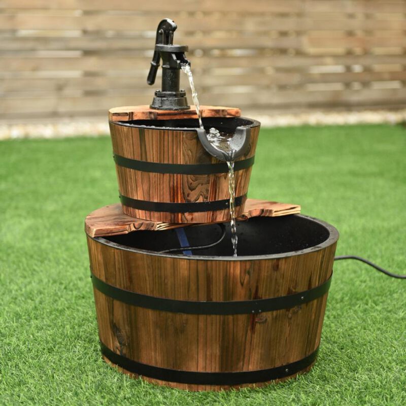 Hivvago 2-Tiers Outdoor Wooden Barrel Waterfall Fountain with Pump