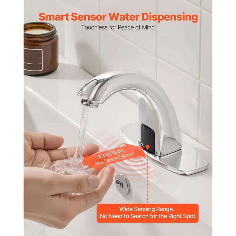 Touchless Restroom Faucet with Hole Cover, Battery Operated, Adjustable Water Temp-Silver image number 3