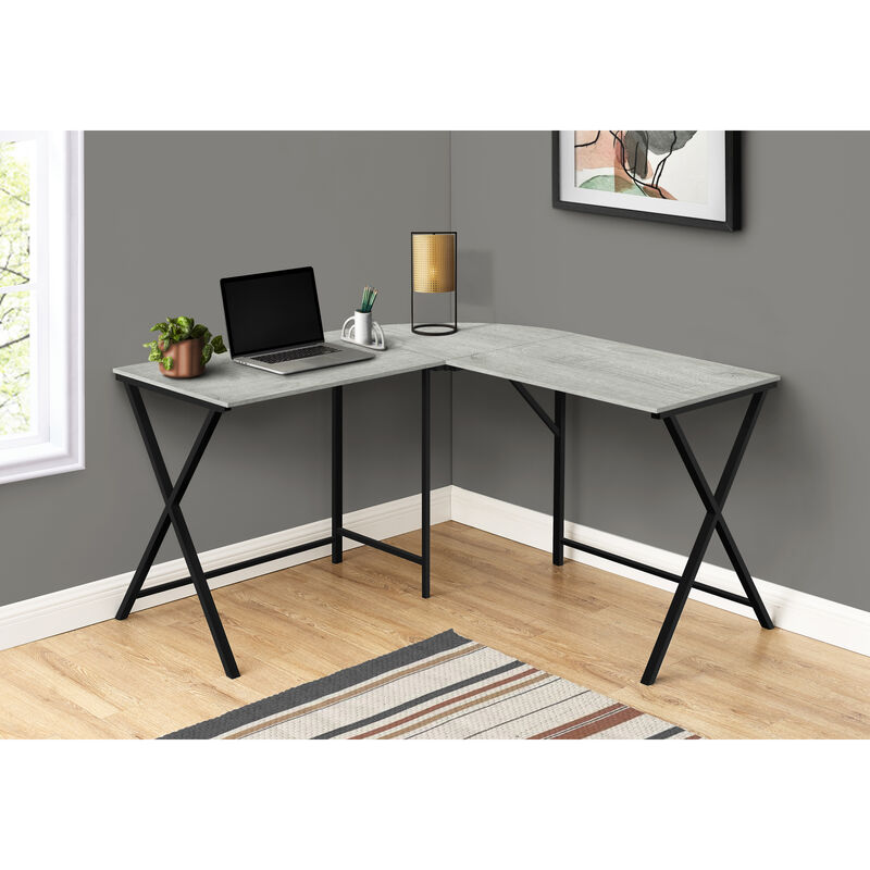 Monarch Specialties I 7196 Computer Desk, Home Office, Corner, 55"L, L Shape, Work, Laptop, Metal, Laminate, Grey, Black, Contemporary, Modern