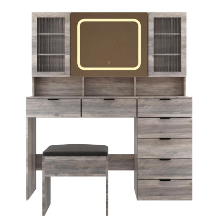 Large Vanity Table Set with LED Lighted Mirror – Elegant Makeup Desk with Ample Storage and Cushioned Stool