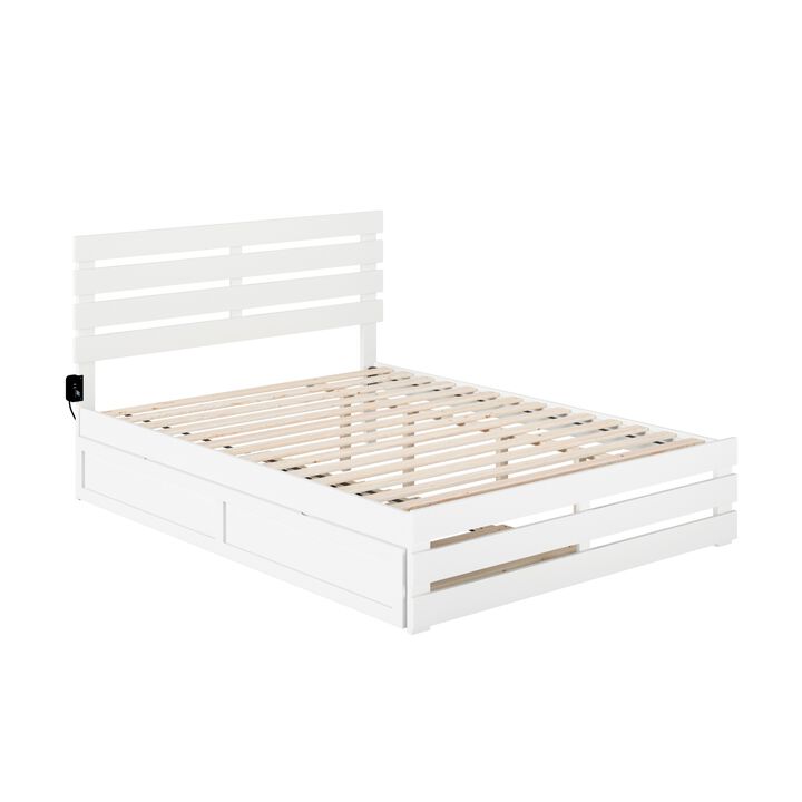 Oxford Queen Bed with Footboard and USB Turbo Charger with Twin Extra Long Trundle in White