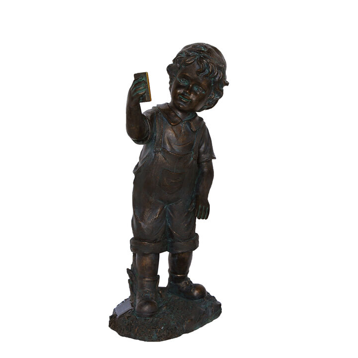 18" Black & Bronze Boy with Cell Phone Solar Powered Outdoor Garden Statue