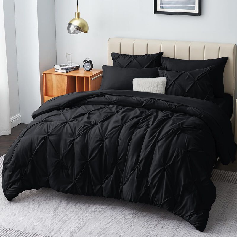 CozyLux Queen Comforter Set - 7 Pieces Comforters Queen Size Black, Pintuck Bed in A Bag Pinch Pleat Complete Bedding Sets with