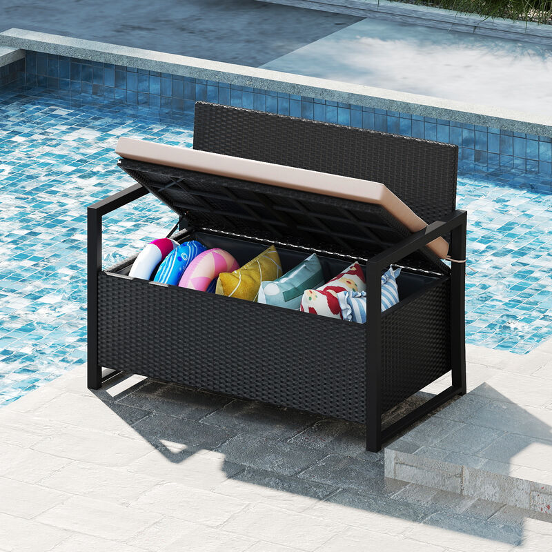Patio Wicker Storage Bench with Loveseat Seating and Built-In Compartment image number 4
