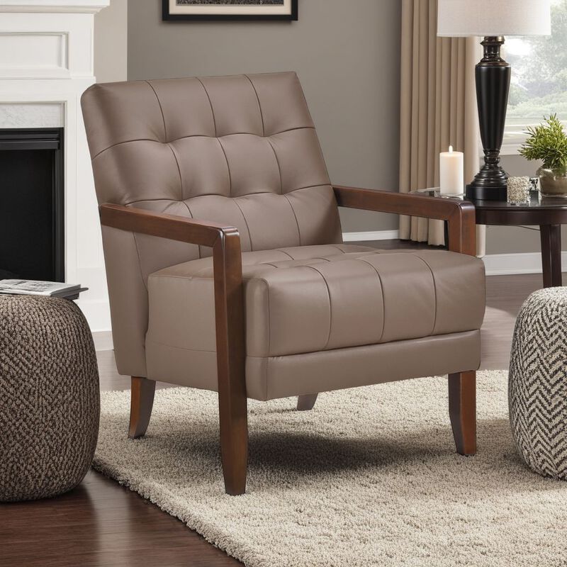 Lenie Accent Armchair, Button Tufted Brown Leather, Walnut Brown Wood