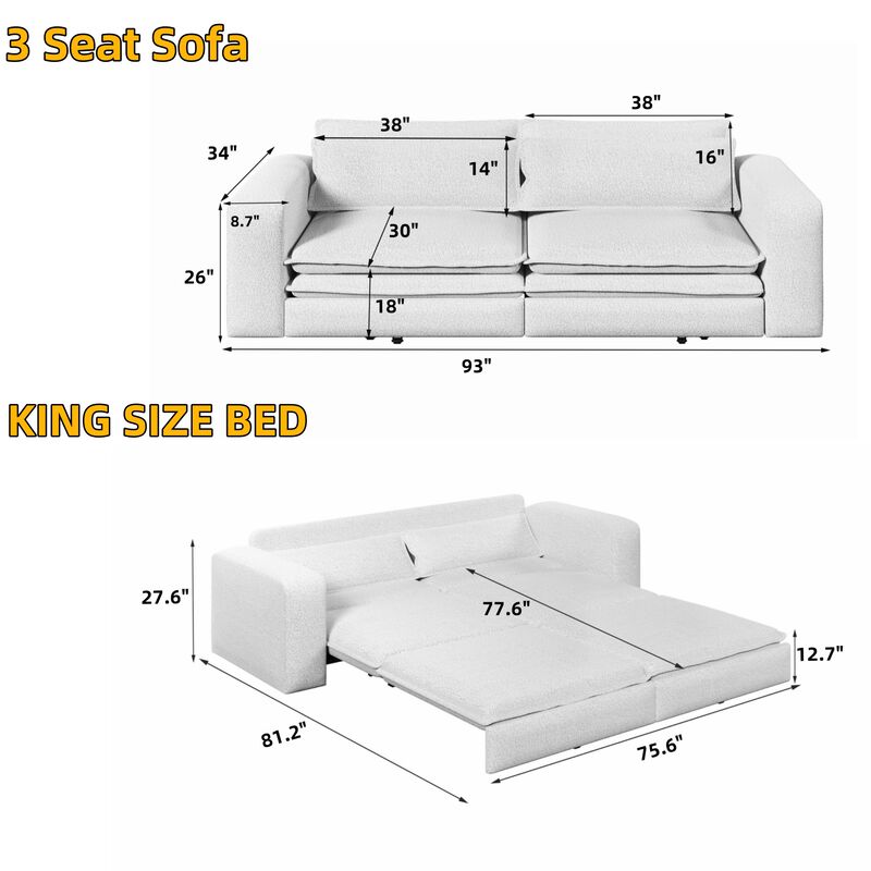 Whisen 93" King Size Sleeper Sofa, 3-Seat Teddy Fabric Convertible Couch with 2 Lumbar Pillows image number 9