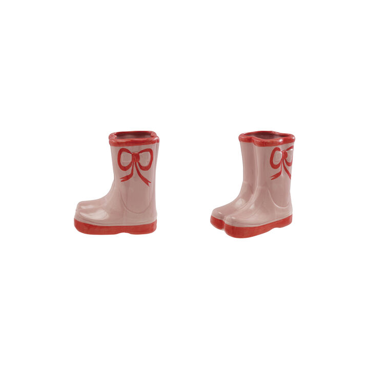 Stoneware Boots Vase with Bow, Red & Pink